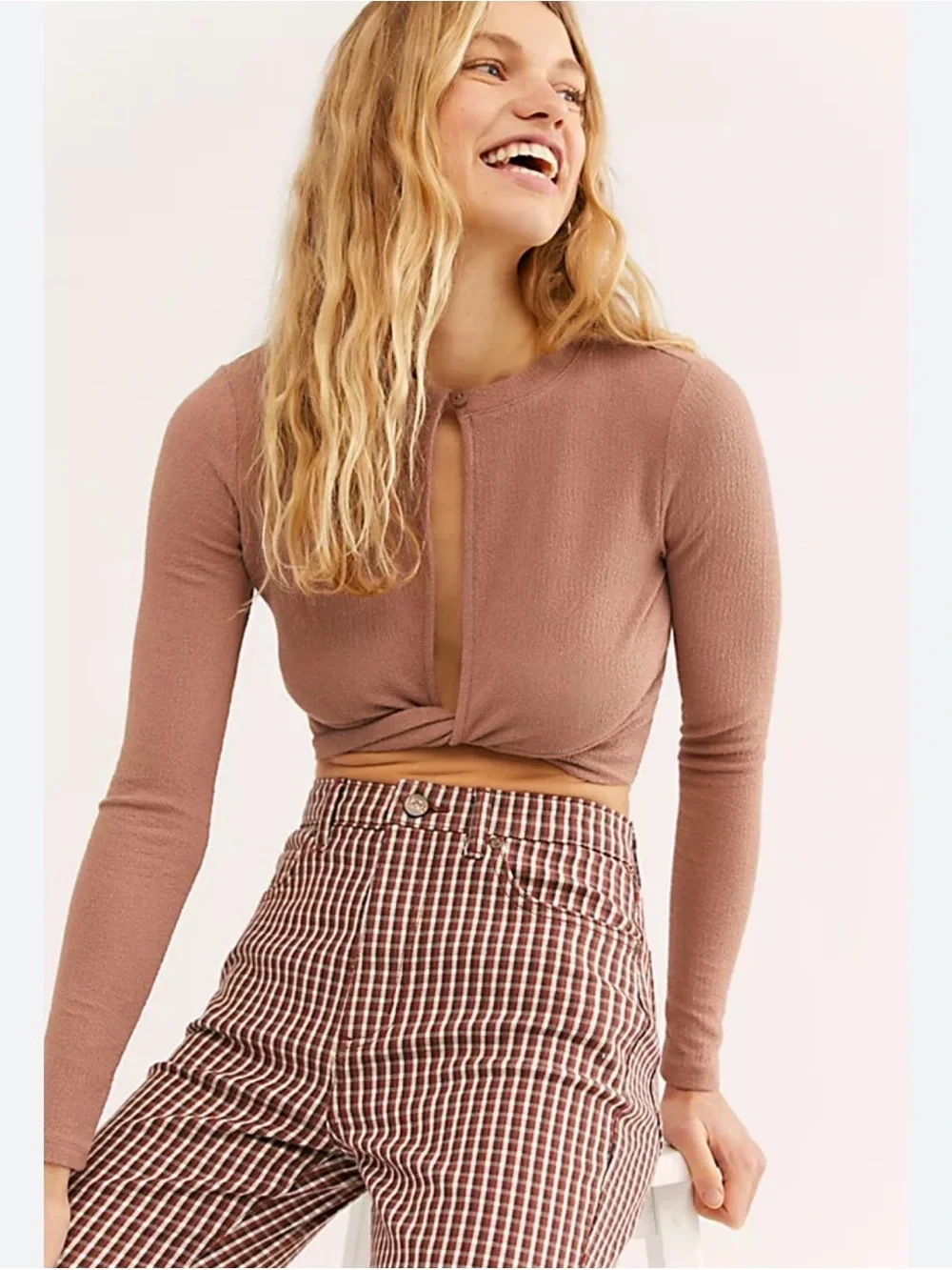 Free People Cozumel Long Sleeve Twist Key Whole Front Crop Style Top